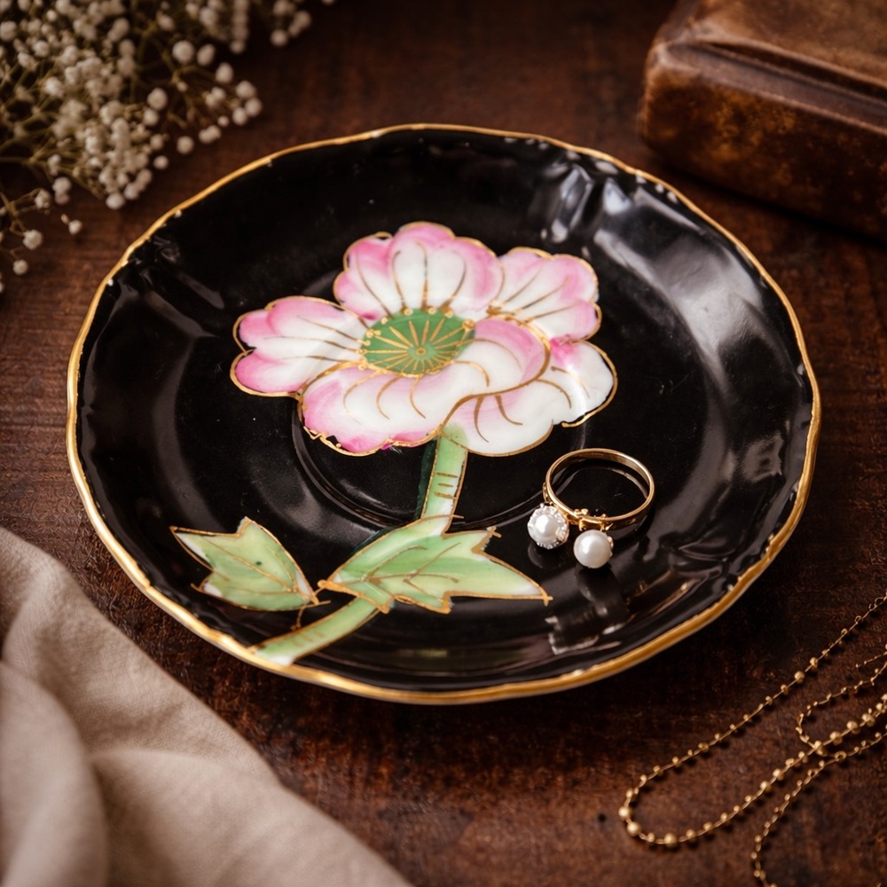 Vintage Black Floral Saucer Gold Trim | Large Flower Trinket Dish